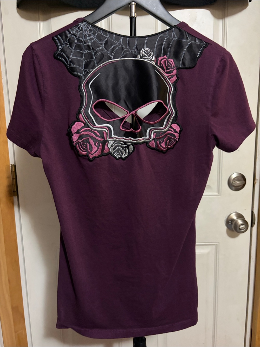 Harley Davidson Maroon Skull Roses Spiderweb Cut Out Short Sleeve